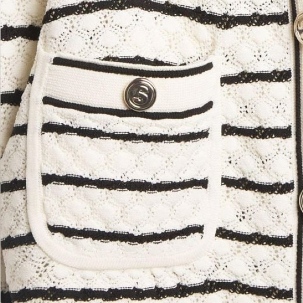 SANDRO Cropped White and Black Striped Cardigan Gold Hardware Buttons Sz 2 = Med - Picture 8 of 12